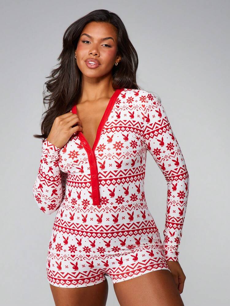 Missguided x Playboy Christmas Fair Isle V Neck Holiday Romper