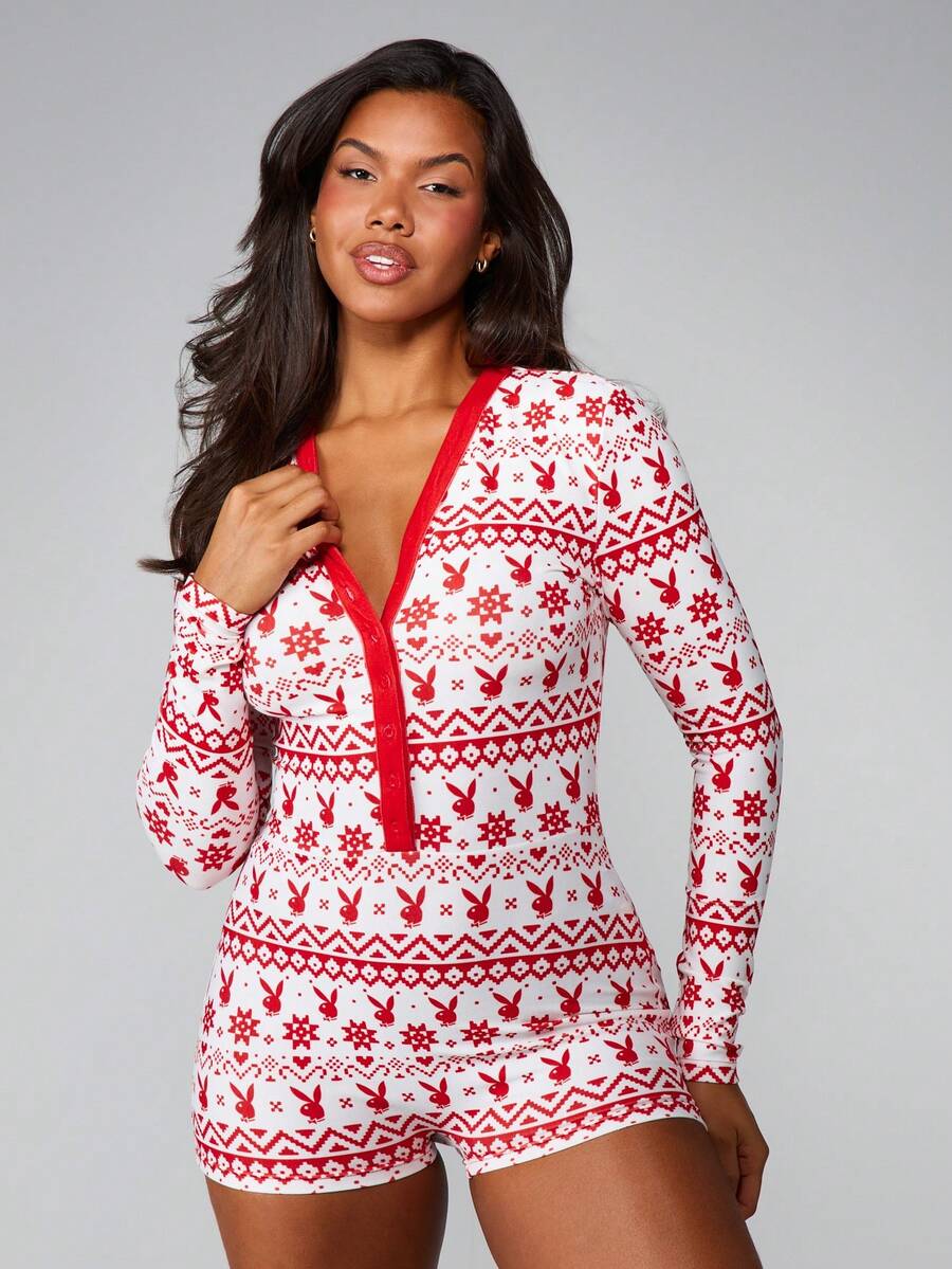 Missguided x Playboy Jul Fair Isle V-ringad julsparkdräkt - Rött och Vitt - Visa 1