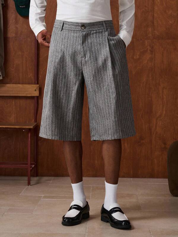 SWAVVY Pantalones cortos rectos de bolsillo sesgado a rayas de uso casual diario para hombres, otoño