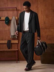 SWAVVY Men's Striped Mandarin Collar Suit Blazer And Pants Set, Business Casual For Commuting, Autumn, Wedding - Multicolor - View 4