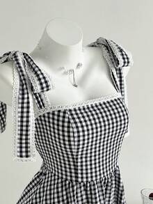 Elamini Váy ngắn buộc dây họa tiết kẻ caro xếp ly ren dễ thương cho nữ - màu đen - Xem 3