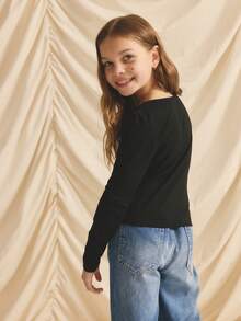 Tween Girl Solid Color Square Neck Fitted Long Sleeve T-Shirt - Black - View 2
