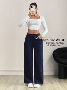 Flexra 女士松紧腰口袋针织休闲牛仔裤，简约时尚 - 藍色 - 查看 6