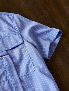SWAVVY Woven Striped Printed Casual Shirt Suitable For Everyday Wear, Baggy Short Sleeve Button Up Stripe Blue Shirt