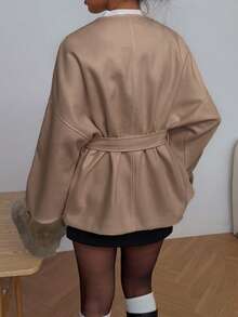 SHEIN EZwear 女士纯色落肩长袖仿毛皮袖口和腰带设计时尚大衣，秋冬棕色女式大衣 - 咖啡棕 - 查看 2