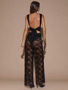 SHEIN BAE 女式撞色蕾丝无袖圆领露背蝴蝶结性感连体裤，适合日常穿着、约会、派对、聚会、外出、不对称阔腿连体裤、情人节连体裤、休闲连体裤、优雅连体裤，哈 - 黑色 - 查看 5