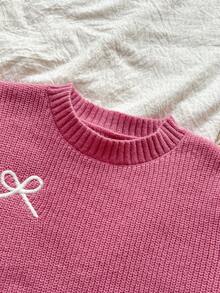 SHEIN Tween Girls' Casual Bowknot Pattern Knit Dress - Pink - View 7