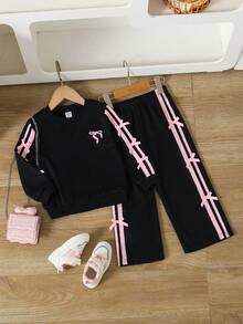 Baby Girls' Pullover Hoodie With Bow Decor And Wide Leg Pants Set, Spring/Autumn Baby Girl Sweat Set Baby Girl Tracksuit Two Pieces Sets Baby Clothes Girl Black White And Pink Baby Girl Clothes With Bows Fall Winter - Black - View 7