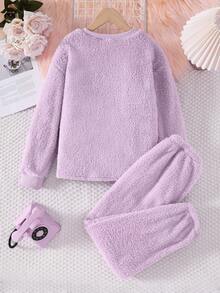 女童休闲毛绒猫咪图案刺绣长裤和长袖舒适睡衣套装 - 淡紫色 - 查看 2