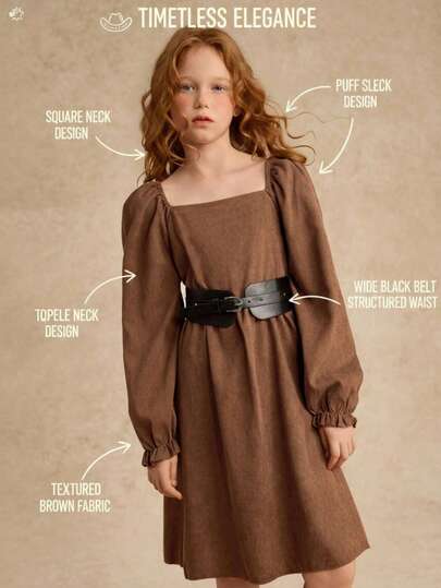 Tween Girl Square Neck Flounce Sleeve Belted Dress