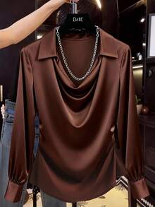 Franclia Women's Shiny Side Ruched Ruffle Collar Blouse, Casual Chic, Minimalist Elegant Style, Suitable For Work Commute Brown Blouses Coffee Brown Top Brown Long Sleeve Top Chocolate Brown Top Brown Shirts For Women - Brown - View 1
