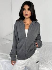 青少年女孩百搭休闲百搭运动日常高街超大号带口袋连帽夹克 - 深灰色 - 查看 4