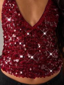 SHEIN BAE 秋冬夜店派对时尚性感亮片吊带露背吊带上衣，派对上衣，夜店上衣，女士时尚上衣，亮片上衣，情人节 - 酒紅色 - 查看 4