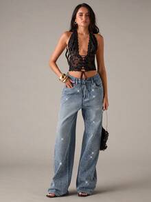 SHEIN BAE 女式休闲水洗水钻直筒牛仔裤 - 淺色水洗藍 - 查看 7