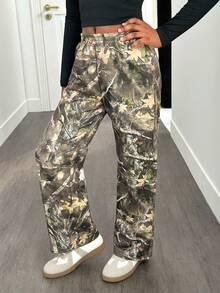 SHEIN Quần nỉ rộng rãi, cạp chun, in hình cành cây, thích hợp cho bé gái tuổi teen, kiểu dáng cơ bản, đa năng mặc hàng ngày, thích hợp cho mùa tựu trường. - xanh quân đội - Xem 3