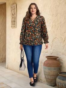 EMERY ROSE Plus Size Floral V-Neck Long Sleeve Shirt - Multicolor - View 6