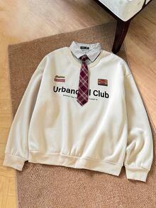 EASEVO 大码男士休闲长袖套头衫，正面带印花领带设计 - 杏色 - 查看 6