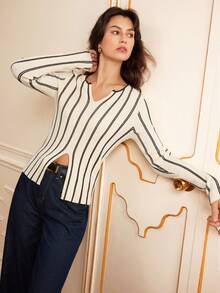 Lilora Women's Elegant Off-White Striped Long-Sleeved Pullover Sweater,Autumn Brunch Casual Chic,Old Money Style,Vintage Retro Boho,Modest Commuting Outing - Yellow - View 2