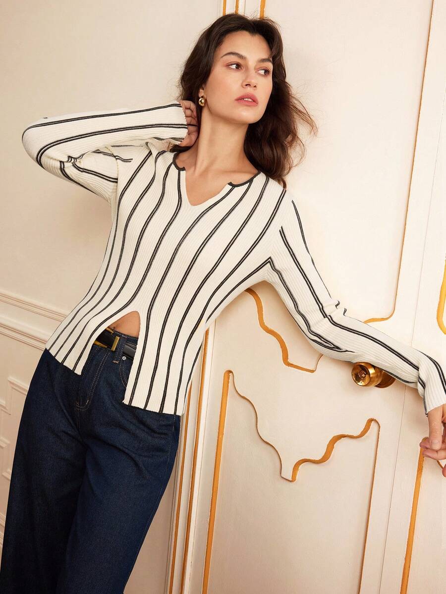 Lilora Women's Elegant Off-White Striped Long-Sleeved Pullover Sweater,Autumn Brunch Casual Chic,Old Money Style,Vintage Retro Boho,Modest Commuting Outing