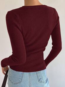 DAZY Áo len chui đầu cổ chữ V tay dài màu trơn dành cho nữ, thời trang công sở, thu/đông - Màu Đỏ Sâu - Xem 4