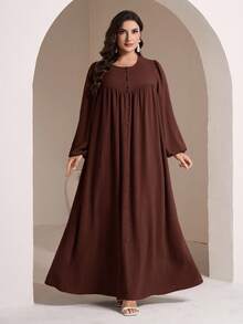 Veilorie Große Größen Damen Einfarbiges Einreihiges Kleid mit Rundhalsausschnitt, Ballonärmeln und weiter arabischer Silhouette