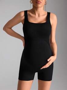 SHEIN Mono de tirantes de maternidad con pantalones cortos - Negro - Ver 4