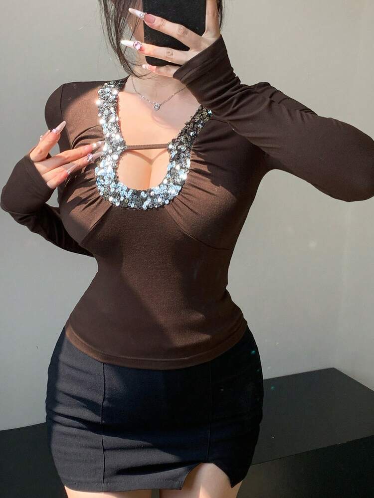 Brushed Hollow Out Lace-Up Fitted Base Layer Top, Sparkling Rhinestone Embellished, Fashion Brown Color, Suitable For New Year, Christmas, Wedding, Party, Elegant Women T-Shirt Long Sleeve