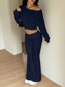 SHEIN EZwear Women's Casual Everyday Commute Simple Solid Navy Asymmetrical Neck Drop Shoulder Loose Cropped Sweatshirt And Flared Sweatpants 2 Pieces Set, Spring/Autumn Tall Two Piece Set Casual 2 Piece Set Long Sleeve Two Piece Set Pants Two Piece Set Comfortable Two Piece Set - Navy Blue - View 6