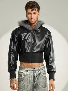 FeverCity 男式纯色长袖拉链连帽仿皮夹克，带毛领，适合秋冬 - 黑色 - 查看 6