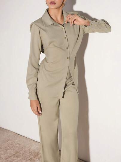 Modelyn Conjunto informal de camisa de manga larga de un solo botonadura y pantalones de unicolor, estilo árabe para mujer