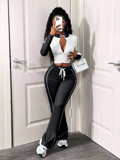 SHEIN BamGlam Women's Casual 2 Pieces Set, Color Block Design, Long Sleeve Zip-Up Jacket And Drawstring Pants, Autumn