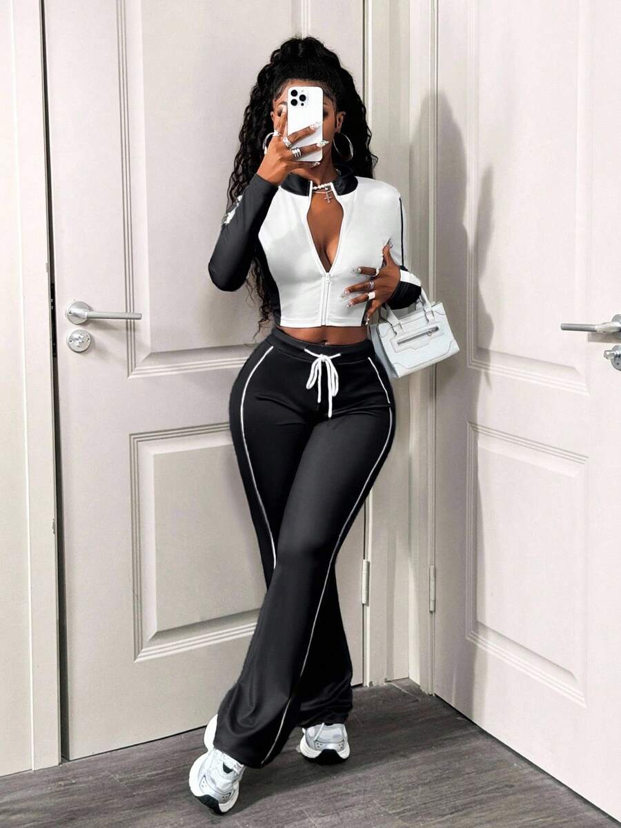 SHEIN BamGlam Women's Casual 2 Pieces Set, Color Block Design, Long Sleeve Zip-Up Jacket And Drawstring Pants, Autumn - Black and White - View 1