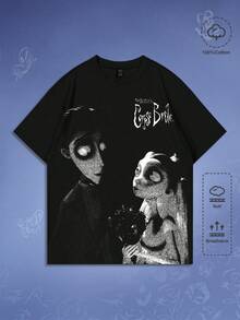 ROMWE MEN Corpse Bride | ROMWE Summer Valentine 'Sday Casual Graphic Men'S Cartoon Character And Letter Printed Loose Shoulder Short Sleeve T-Shirt, Summer, School, 2000S Style - Black - View 1