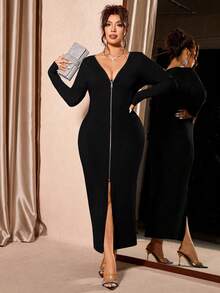 Cravure Váy dệt kim dài tay cổ chữ V có khóa kéo gợi cảm lấy cảm hứng từ Y2K dành cho nữ cỡ lớn cho mùa thu đông - Váy ôm sát, thanh lịch với viền xẻ tà - màu đen - Xem 9