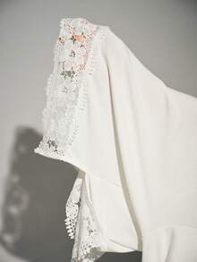 Lumivelle 2 件套，高弹针织刺绣拼布，纯色修身圆领喇叭袖，开衩下摆，下摆和袖口蕾丝花边，腰部收紧阔腿直筒裤，休闲时尚舒适优雅日常穿着，春/秋/冬 - 軍綠色 - 查看 8