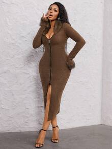 Lureya Women's Elegant Faux Fur Collar Coffee Brown Bodycon Maxi Slit Dress, Fuzzy Cuff Long Sleeve Stretchy Fabric,Autumn Date Night Holiday Clothes - Brown - View 6