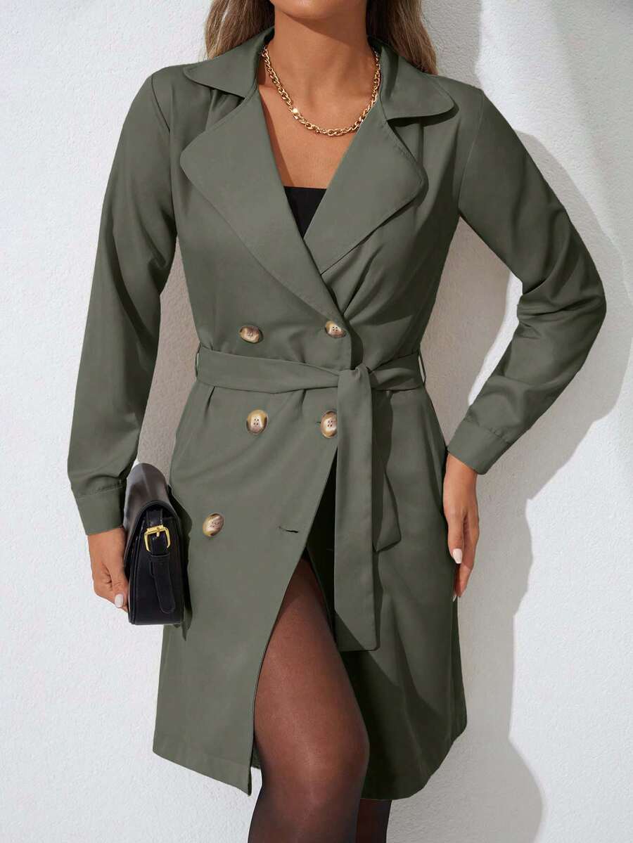 Women's Solid Color Double-Breasted Belted Long Sleeve Trench Coat - Olive Green - View 1