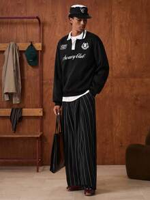 SWAVVY Sudadera casual para hombres, negra con cuello a contraste, estampado, adecuada para primavera, otoño e invierno, top de manga larga - Negro - Ver 4