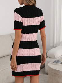 Elenzga Women's Colorblock Striped Short Sleeve Knit Dress - Pink - View 2
