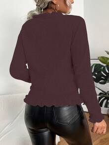 SHEIN LUNE 女式纯色荷叶边长袖休闲针织开衫，秋冬 - 咖啡棕 - 查看 2