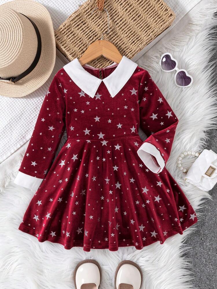 SHEIN Girls' Casual Black Contrast Collar Waist Knit Dress - Burgundy - View 3