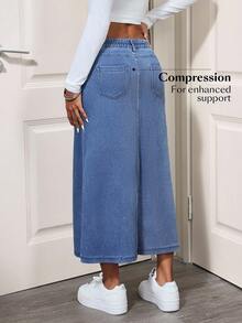 SHEIN Unity Damen Denim Rock mit elastischem Bund, Taschen und Schlitz, minimalistisch, vielseitig und lässig - Blau - Übersicht 2