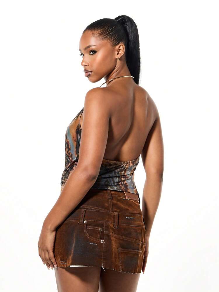 SUMWON WOMEN Neckholder-Top mit abstraktem Print und Goldbesatz