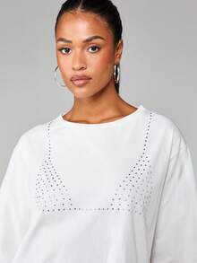 MISSGUIDED Tricou de vară pentru femei, cu mânecă scurtă, cu guler rotund, supradimensionat, cu detalii stras, stil casual, stil simplu - alb - Vizualizare 5