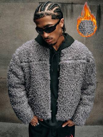 AXEPEAK Men's Long Sleeve Solid Color Zip Front Casual Fleece Faux Fur Coat, Autumn/Winter