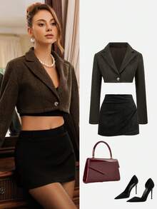 Glamine Charm Autumn/Winter Turndown Collar Button Design Long Sleeve Short Blazer - Brown - View 1