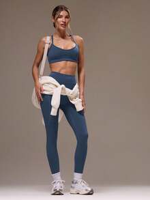 Musera Sport 女士交叉露背上衣和紧身裤运动套装 健身房健身瑜伽普拉提日常休闲 - 藏蓝色 - 查看 3