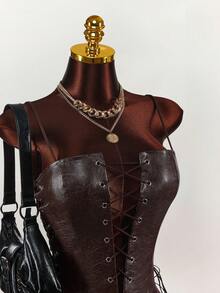 Amplova Party Girl Textured PU Hollow Strap Women Tank Top - Brown - View 5