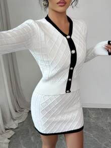 SHEIN Elenzya 2件套V领纽扣针织长袖上衣和裙子套装，秋冬 - 黑與白 - 查看 6