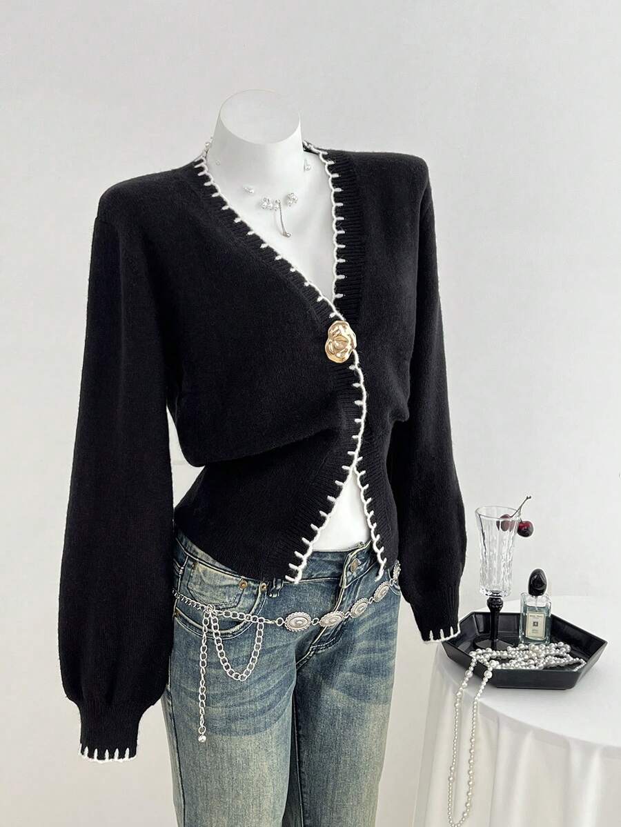 SHEIN Unity Women's Autumn/Winter Metal Buckle Stylish French Ribbed Waist Versatile All-Match Casual Sweater - Black and White - View 1